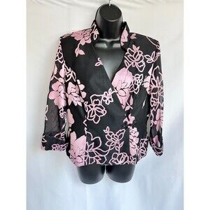 Alex Evenings Vintage Floral Evening Jacket M Black Pink Formal Floral 3/4 Sheer